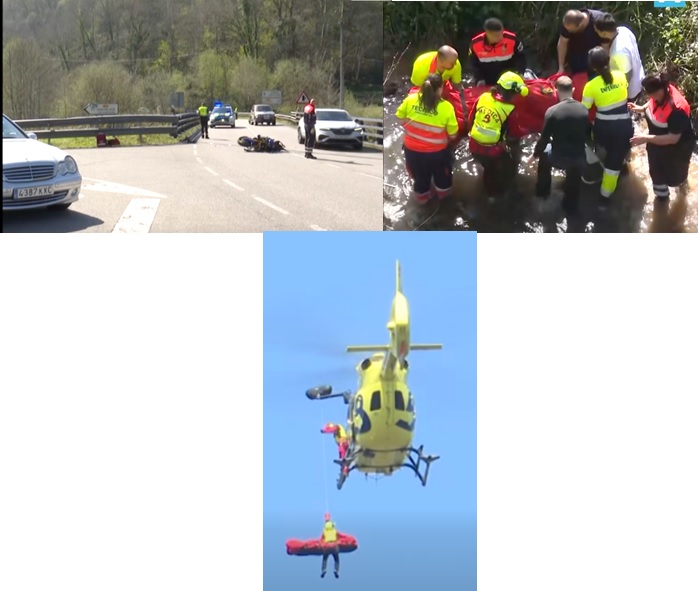 En la fotos, captadas de TPA, la moto sobre el asfalto, mientras la Guardia Civil y Protecci�n Civil de Cabranes regulaban el tr�fico; un momento del rescate, en el r�o; y la evacuaci�n del herido en helic�ptero.