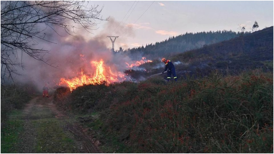 Adrin Rouco, a la derecha con el batefuegos, y un bombero en el camino intentando acorralar y apagar las llamas, en Cotariella-Cams. / Foto: Proteccin Civil Cabranes