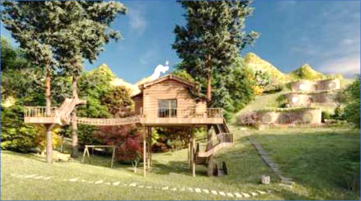 Recreacin grfica de cmo sern las cabaas. En primer plano, una en un rbol. Detrs, modelos tipo hobbit