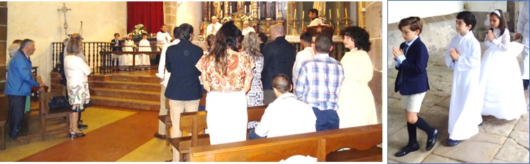 Manuel, Martn y Marta desfilando hacia la iglesia; y durante el acto, en su interior.