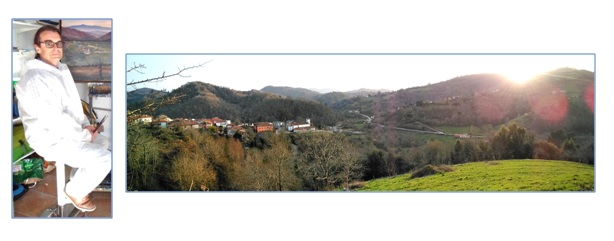 Imagen de Santos Monestina en su taller y de la foto que recrea el cuadro