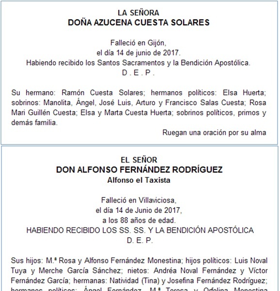 Esquelas de Azucena Cuesta y Alfonso Fernndez