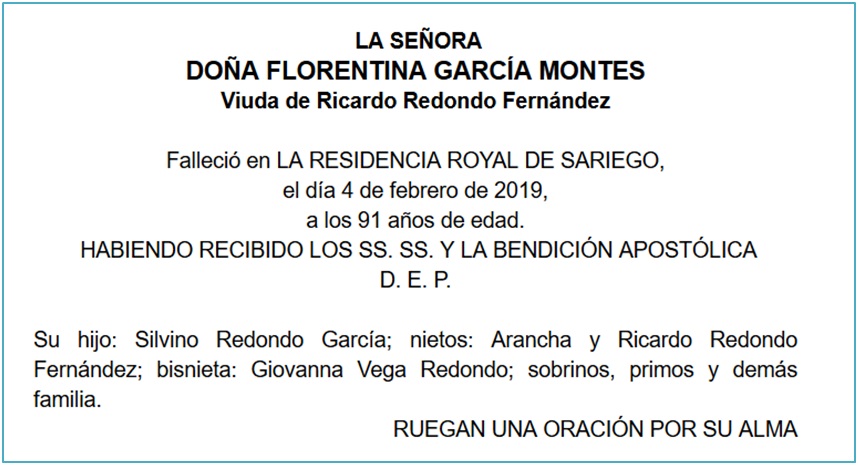 Esquela de Florentina Garca Montes