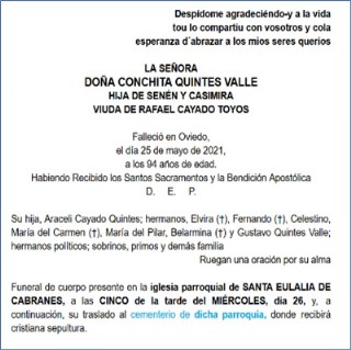 Esquela de Conchita Quintes Valle