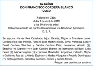 Esquela Francisco Cordera Blanco (Quico)