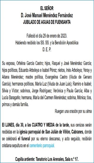 Esquela de Jos Manuel Menndez Fernndez