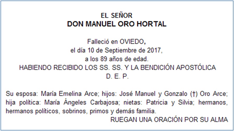 Esquela de Manuel Oro