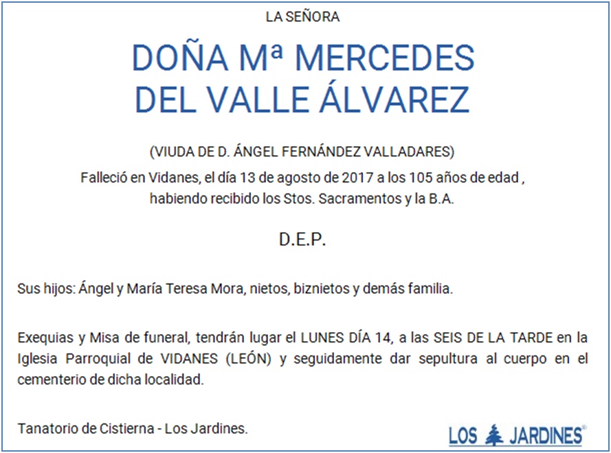 Esquela M Mercedes del Valle lvarez