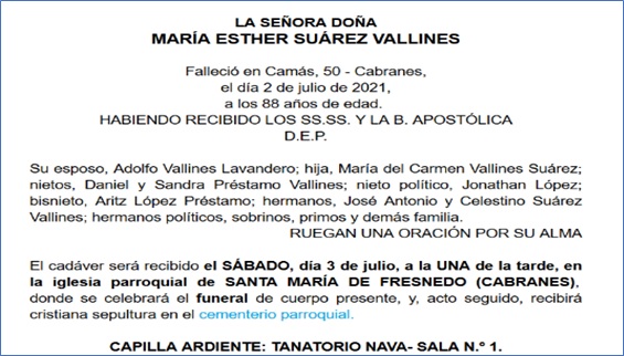 Esquela de Mara Esther Sarez Vallines