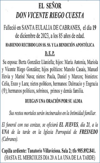 Esquela de Vicente Riego