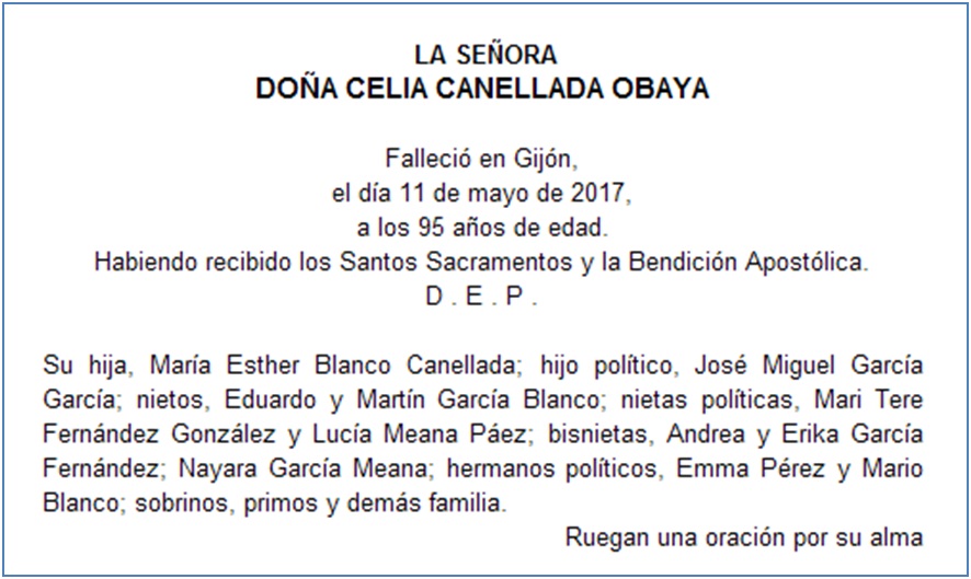 Esquela de Celia Canellada Obaya