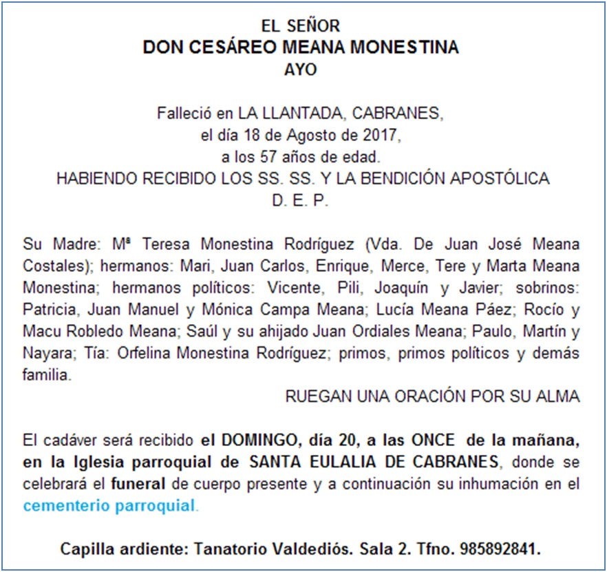 Esquela de Cesareo