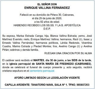 Esquela de Enrique Vallina Fernndez