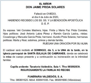 Esquela de Jaime Prida Solares