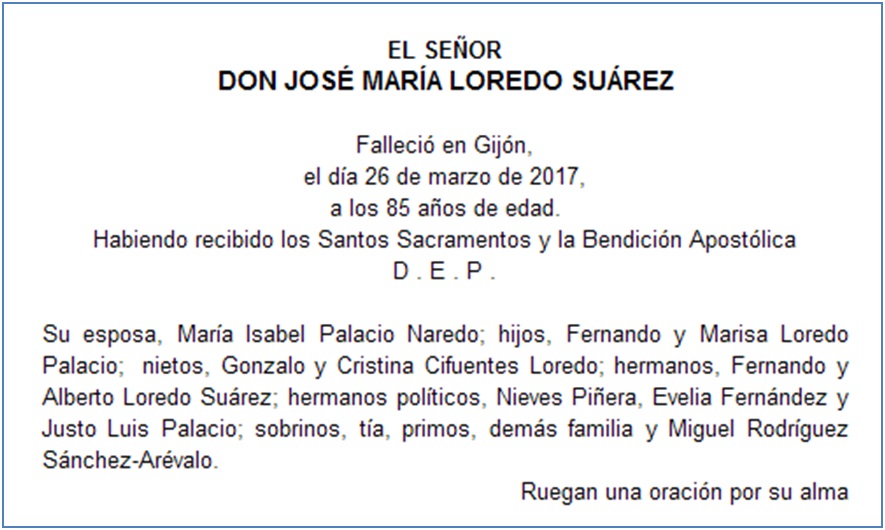 Esquela de Jos Mara Loredo Surez