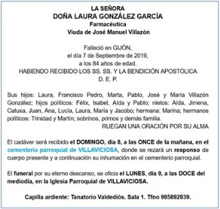 Esquela de Laura Gonzalez Villazn