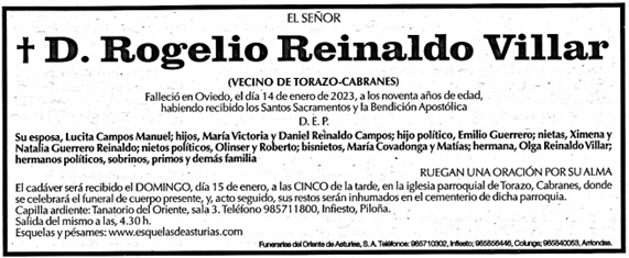 Esquela de Rogelio Reinaldo Villar