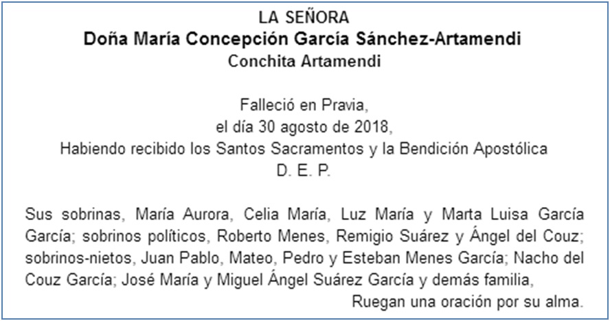 Esquela de Conchita Artamendi