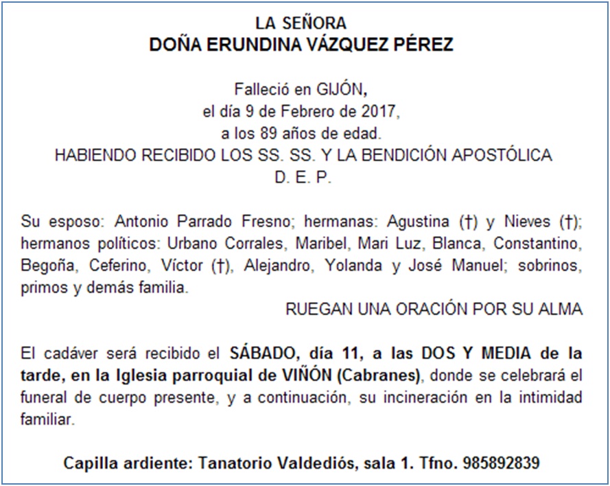 Esquela de Erundina