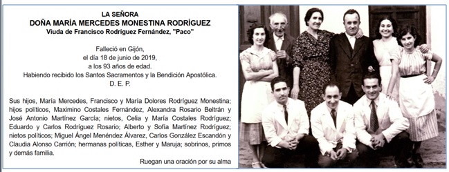 Esquela de Maria Mercedes y Foto de esta pgina: Celita, Jos Rodrguez del Oro el rey, su hija Suceso, Santos, Mara Mercedes y Candita. Agachados: Valeriano, Manolo y Santos.