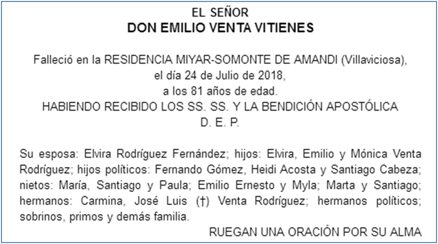 Esquela de Emilio Venta