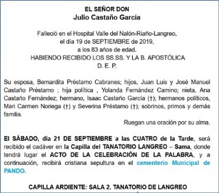 Esquela de Julio Castao