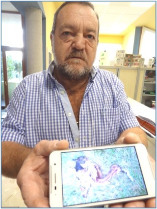 Maximino enseando la foto de un ataque de lobos