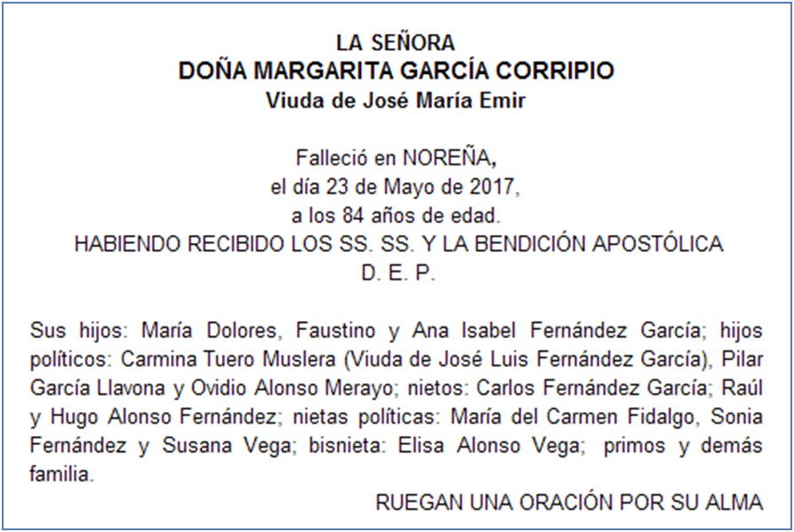 Esquela de Margarita