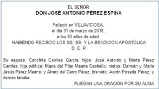 Esquela de Jos Antonio Prez Espina