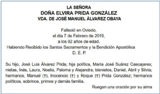 Esquela de Doa Elvira Prida Gonzlez