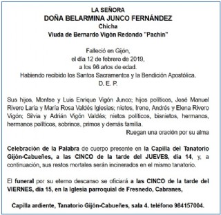 Esquela de Doa Belarmina Junco Fernndez