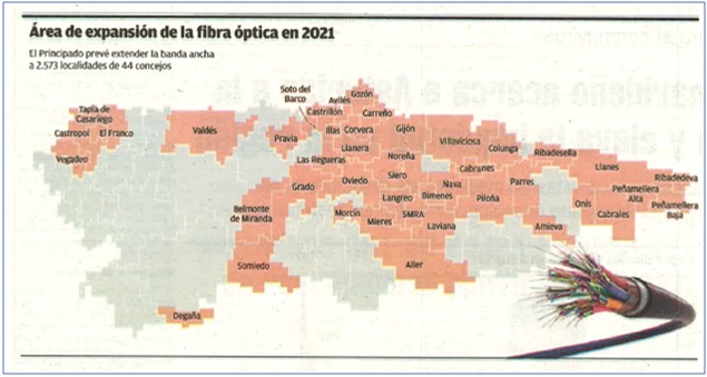 Mapa publicado el 7 de enero por el diario La Nueva Espaa en el que se destacan los Concejos con expansin de fibra ptica este ao