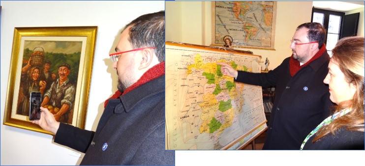 A la izquierda, viendo en su mvil a Canellada retocar sus obras; y a la derecha, como un maestro de la poca, ante el viejo mapa de Espaa, con Lydia Espina, haciendo las observaciones que referimos en la pgina anterior.| EL ECO