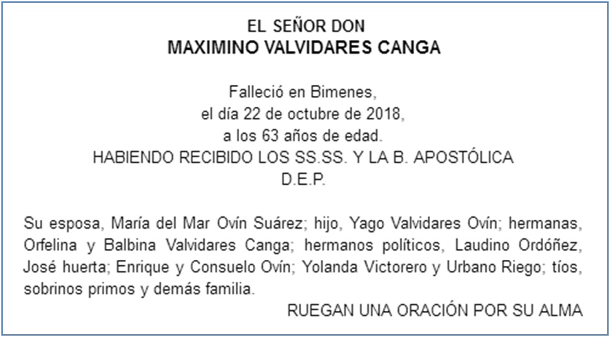 Esquela de Maximino Valvidares