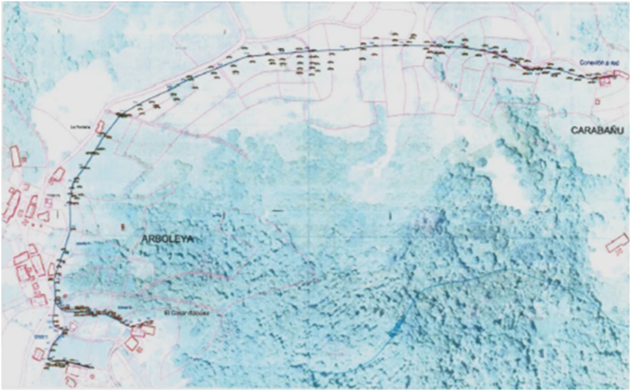 Plano del trayecto que seguir la obra, entre Arboleya y Carabao.