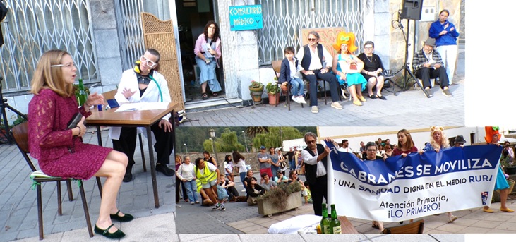 Eva Baranda, consultando, con el resto de vecinos en espera. En el detalle inferior, la pancarta recuperada.