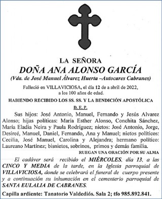 Esquela de Ana Alonso Garca