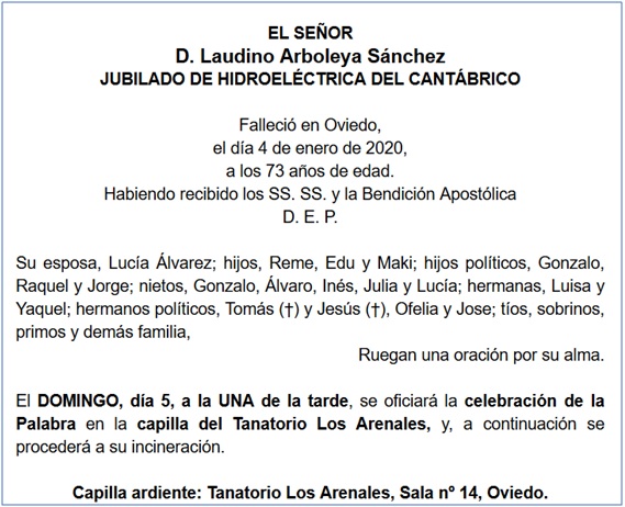Esquela de D. Laudino Arboleya Snchez