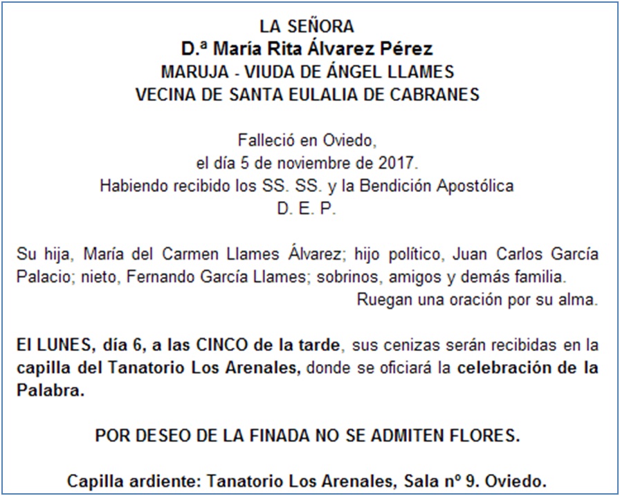 Esquela de Maria Rita lvarez Prez