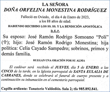 Esquela de Orfelina Monestina
