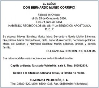 Esquela de Bernardo Muo Corripio