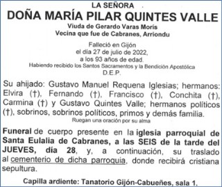 Esquela de Mara Pilar Quintes Valle