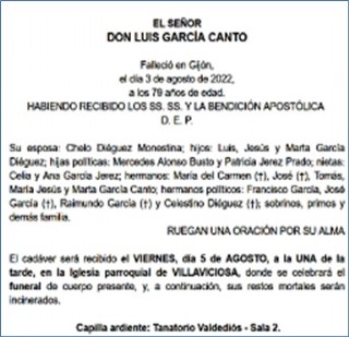 Esquela de Luis Garca Canto