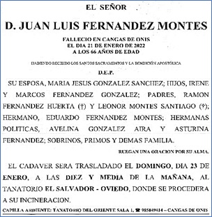 Esquela de Juan Luis Fernndez Montes