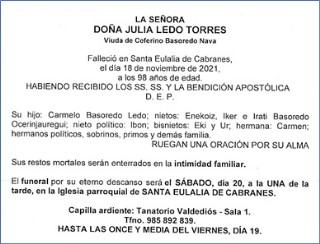 Esquela de Julia Ledo Torre