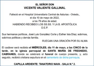 Esquela de Vicente Valiente Gallinal