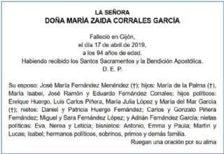 Esquela de Mara Zaira Corrales Garca