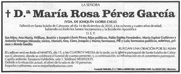 Esquela De Mara Rosa Prez Garca