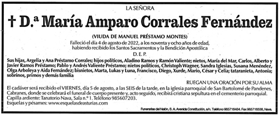 Esquela de Mara Amparo Corrales Fernndez