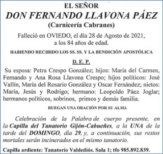 Esquela de Fernndo Llavona Pez